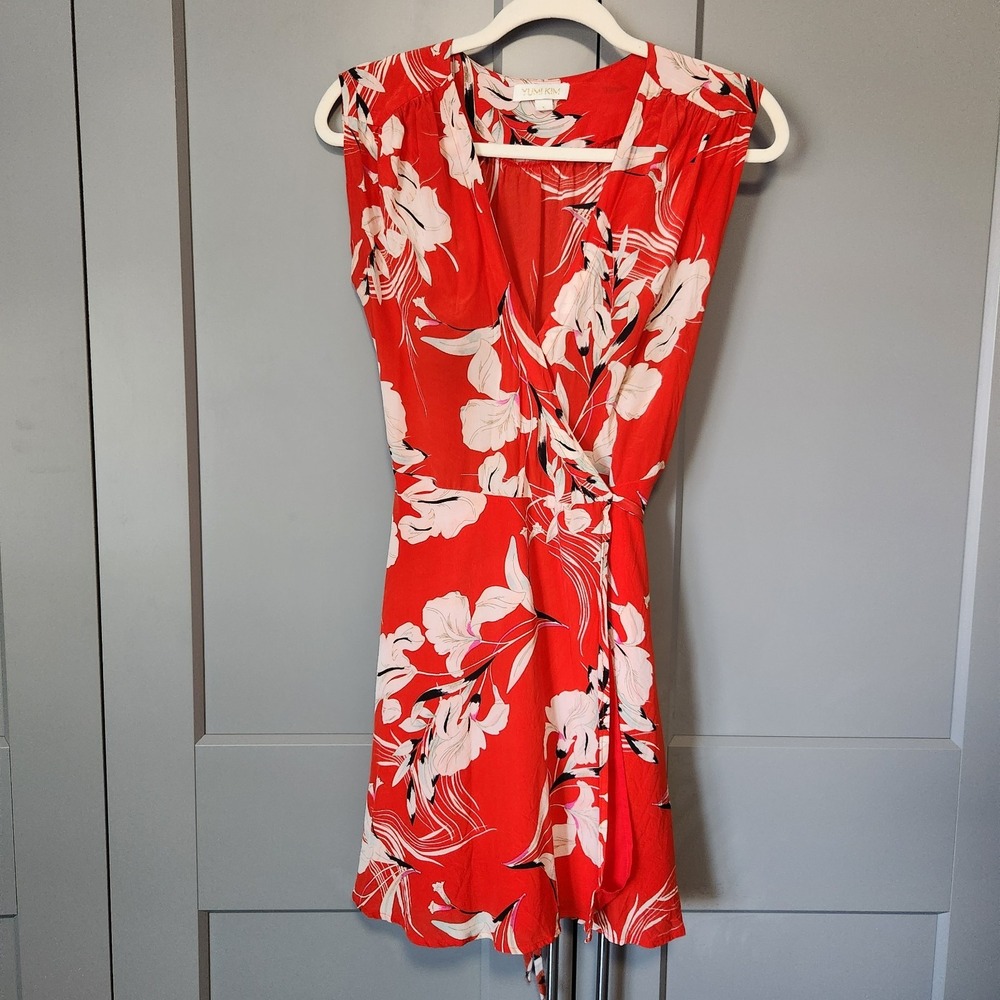 Yumi Kim 100% Silk Wrap Dress Vibrant Red Floral Mini SmallS Summer
